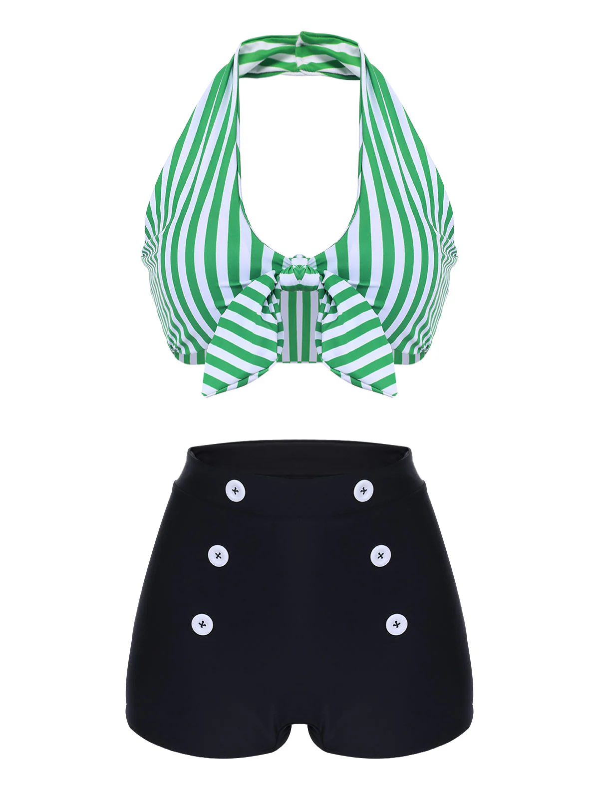 Green 1950s Retro Halter Stripes Bikini Set